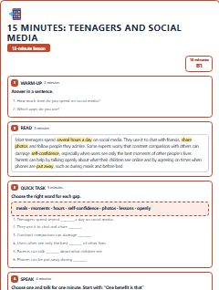 First page of 15 Minutes: Teenagers and Social Media, B1 lesson plan