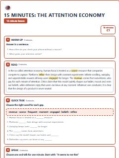 First page of 15 Minutes: The Attention Economy, C1 lesson plan