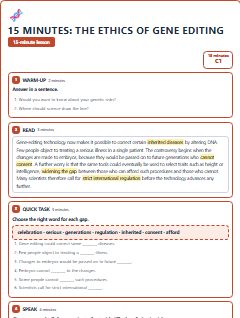 First page of 15 Minutes: The Ethics of Gene Editing, C1 lesson plan