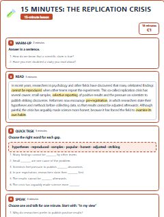 First page of 15 Minutes: The Replication Crisis, C1 lesson plan