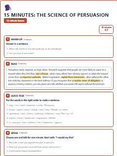 First page of 15 Minutes: The Science of Persuasion, C1 lesson plan