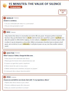 First page of 15 Minutes: The Value of Silence, C1 lesson plan