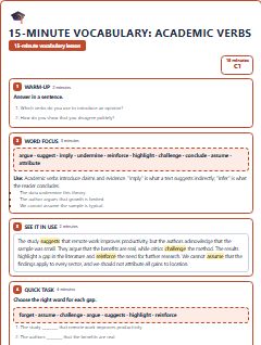 First page of 15-Minute Vocabulary: academic verbs, C1 lesson plan
