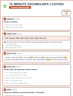First page of 15-Minute Vocabulary: clothes, A1 lesson plan