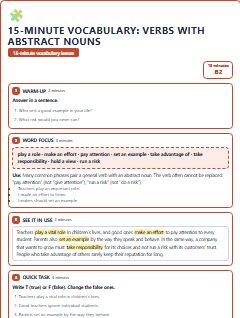 First page of 15-Minute Vocabulary: verbs with abstract nouns, B2 lesson plan