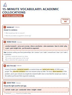 First page of 15-Minute Vocabulary: academic collocations, B2 lesson plan
