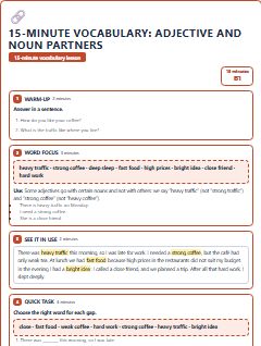 First page of 15-Minute Vocabulary: adjective and noun partners, B1 lesson plan