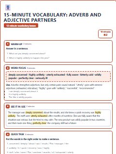 First page of 15-Minute Vocabulary: adverb and adjective partners, B2 lesson plan