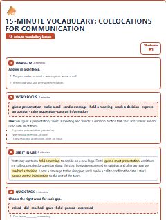 First page of 15-Minute Vocabulary: collocations for communication, B1 lesson plan