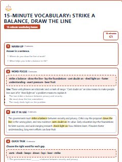 First page of 15-Minute Vocabulary: strike a balance, draw the line, C1 lesson plan