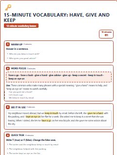 First page of 15-Minute Vocabulary: have, give and keep, B1 lesson plan