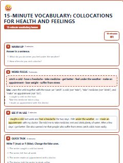 First page of 15-Minute Vocabulary: collocations for health and feelings, B1 lesson plan