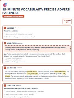 First page of 15-Minute Vocabulary: precise adverb partners, C1 lesson plan