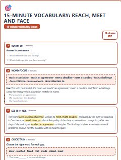 First page of 15-Minute Vocabulary: reach, meet and face, B2 lesson plan
