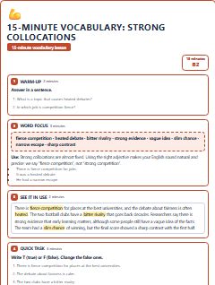 First page of 15-Minute Vocabulary: strong collocations, B2 lesson plan