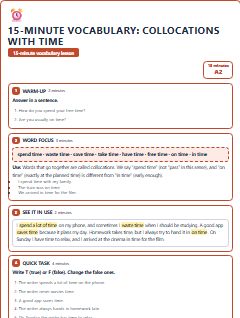 First page of 15-Minute Vocabulary: collocations with time, A2 lesson plan