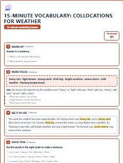 First page of 15-Minute Vocabulary: collocations for weather, B1 lesson plan