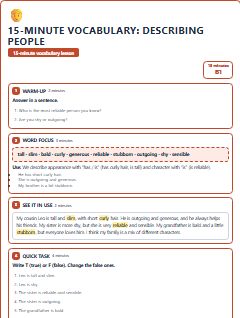 First page of 15-Minute Vocabulary: describing people, B1 lesson plan