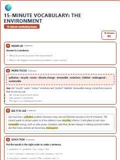 First page of 15-Minute Vocabulary: the environment, B1 lesson plan