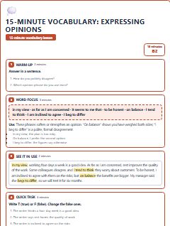 First page of 15-Minute Vocabulary: expressing opinions, B2 lesson plan