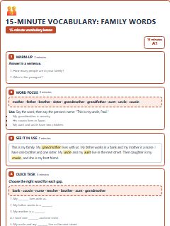 First page of 15-Minute Vocabulary: family words, A1 lesson plan