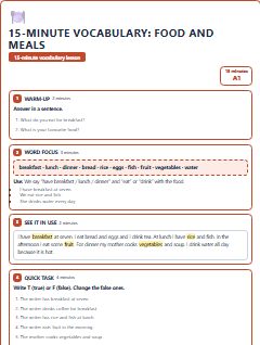 First page of 15-Minute Vocabulary: food and meals, A1 lesson plan