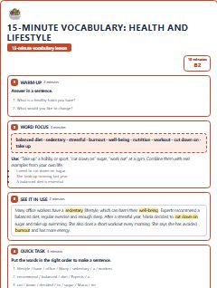 First page of 15-Minute Vocabulary: health and lifestyle, B2 lesson plan