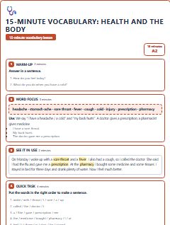 First page of 15-Minute Vocabulary: health and the body, A2 lesson plan