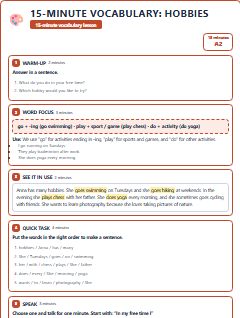 First page of 15-Minute Vocabulary: hobbies, A2 lesson plan