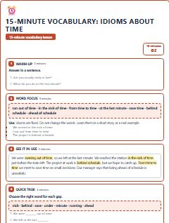 First page of 15-Minute Vocabulary: idioms about time, B2 lesson plan
