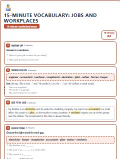 First page of 15-Minute Vocabulary: jobs and workplaces, A2 lesson plan