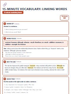 First page of 15-Minute Vocabulary: linking words, B2 lesson plan