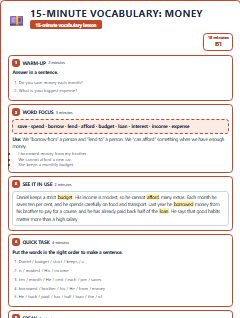 First page of 15-Minute Vocabulary: money, B1 lesson plan
