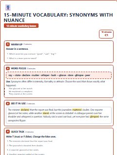 First page of 15-Minute Vocabulary: synonyms with nuance, C1 lesson plan