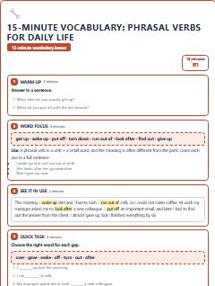 First page of 15-Minute Vocabulary: phrasal verbs for daily life, B1 lesson plan