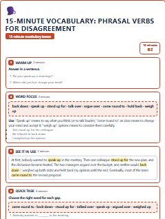 First page of 15-Minute Vocabulary: phrasal verbs for disagreement, B2 lesson plan