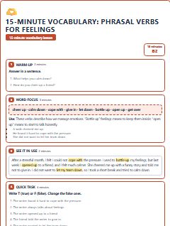 First page of 15-Minute Vocabulary: phrasal verbs for feelings, B2 lesson plan