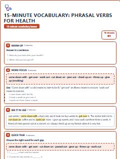First page of 15-Minute Vocabulary: phrasal verbs for health, B1 lesson plan