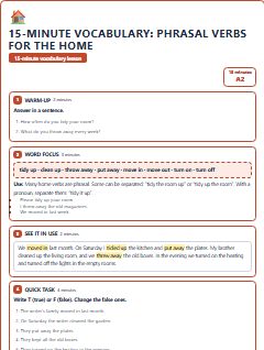 First page of 15-Minute Vocabulary: phrasal verbs for the home, A2 lesson plan