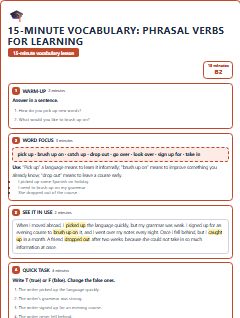 First page of 15-Minute Vocabulary: phrasal verbs for learning, B2 lesson plan