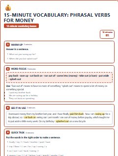 First page of 15-Minute Vocabulary: phrasal verbs for money, B1 lesson plan