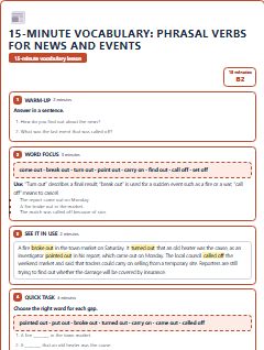 First page of 15-Minute Vocabulary: phrasal verbs for news and events, B2 lesson plan