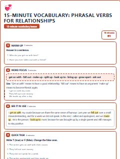 First page of 15-Minute Vocabulary: phrasal verbs for relationships, B1 lesson plan