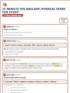 First page of 15-Minute Vocabulary: phrasal verbs for study, A2 lesson plan