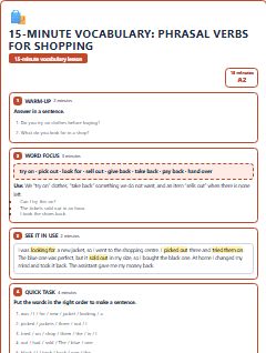 First page of 15-Minute Vocabulary: phrasal verbs for shopping, A2 lesson plan