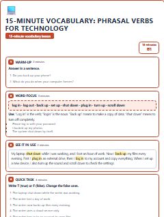 First page of 15-Minute Vocabulary: phrasal verbs for technology, B1 lesson plan