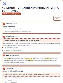 First page of 15-Minute Vocabulary: phrasal verbs for travel, A2 lesson plan