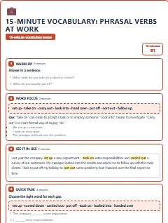 First page of 15-Minute Vocabulary: phrasal verbs at work, B1 lesson plan