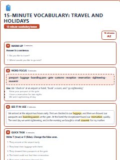 First page of 15-Minute Vocabulary: travel and holidays, A2 lesson plan