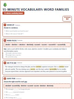 First page of 15-Minute Vocabulary: word families, B2 lesson plan